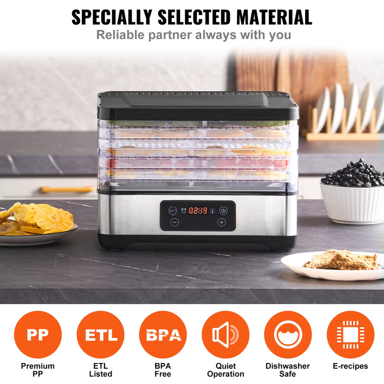 Succebuy 5 Tray Food Dehydrator Machine 300W Stainless Steel Electric Food Dryer W/ Digital Adjustable Timer & Temperature