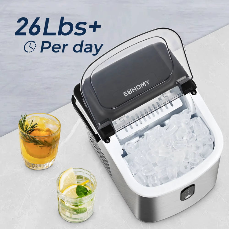 SIMZIFE Countertop Ice Maker Machine with Handle, 26 Lbs/24H, 9 Cubes in 6 Mins, Auto-Cleaning Portable Ice Maker,Silver