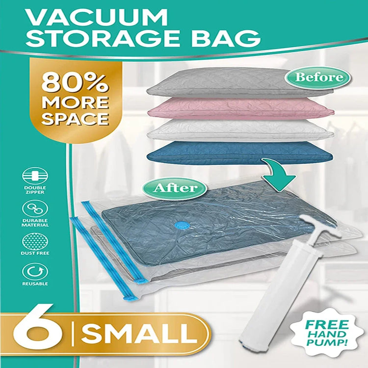 6 Pack Vacuum Storage Bags with Hand Pump Space Saver Vacuum Seal Storage Bags for Clothing Bedding Travel Lugggage Organizer
