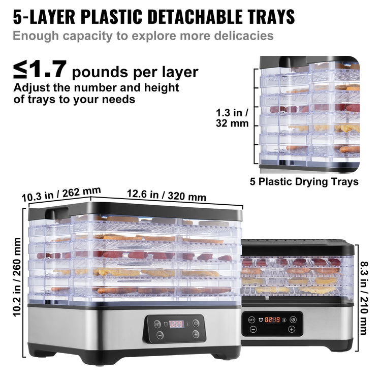 Succebuy 5 Tray Food Dehydrator Machine 300W Stainless Steel Electric Food Dryer W/ Digital Adjustable Timer & Temperature