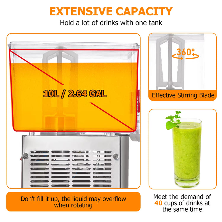 Commercial Beverage Dispenser, 1 Tank 10L(18L) , Commercial Juice Dispenser 180W Ice Tea Drink Dispenser, 41°F-54°F Cooling