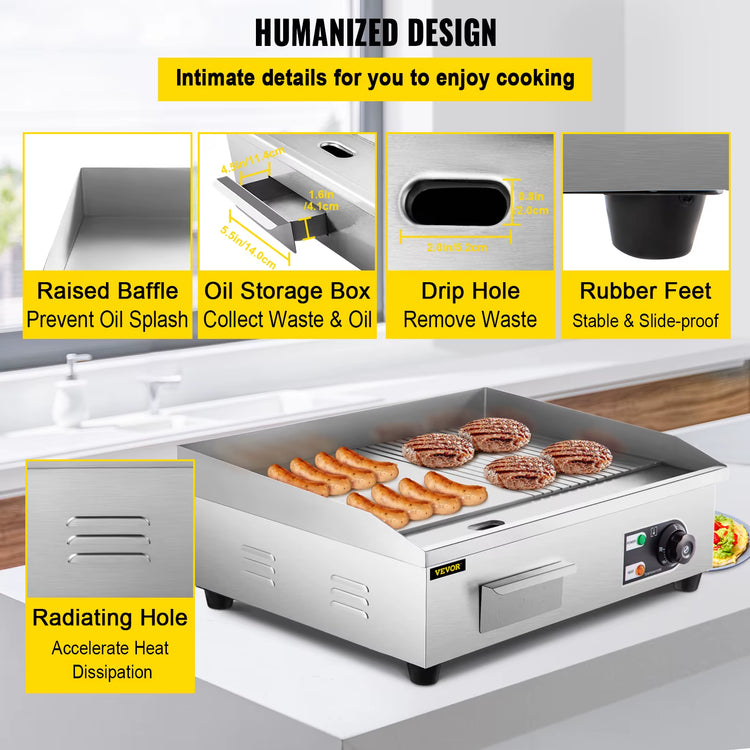 14"-22" Electric Countertop Griddle Teppanyaki Grill 1600W/3200W Stainless Steel Flat Top Grills for Pancake Chicken