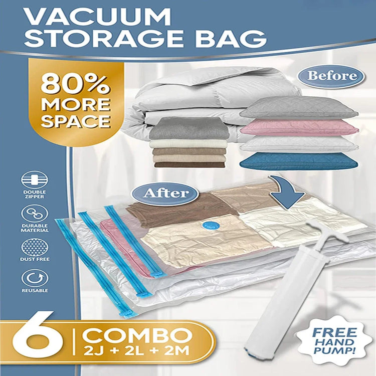 6 Pack Vacuum Storage Bags with Hand Pump Space Saver Vacuum Seal Storage Bags for Clothing Bedding Travel Lugggage Organizer