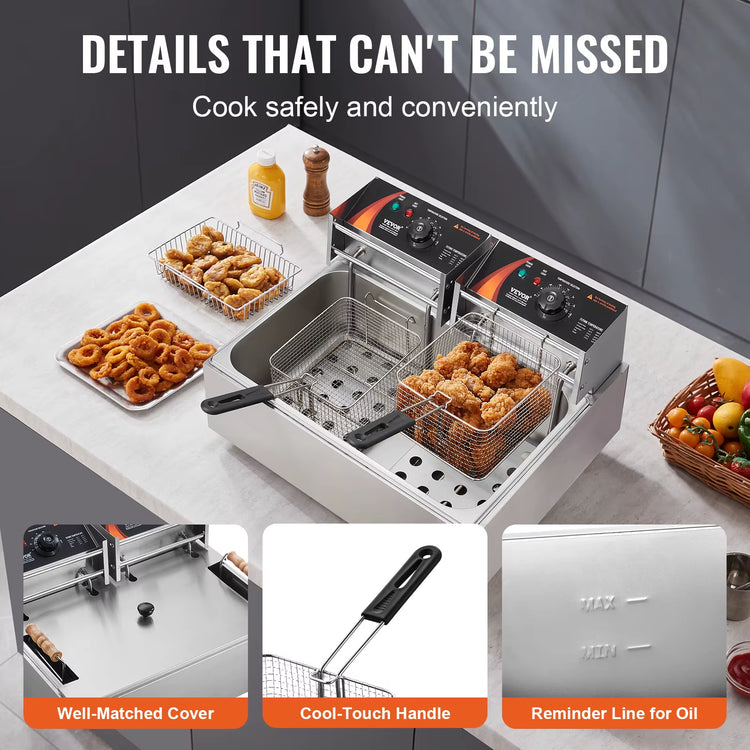 Succebuy Commercial Deep Fryer 3000W Electric Turkey Fryer Large Capacity 18Qt / 17L Stainless Steel Countertop Single Oil Fryer