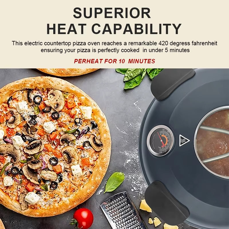 12’’ Electric Pizza Oven Indoor Countertop Oven Pizza Maker 1200W 5-Min Crisp Dual Knob Control Gray