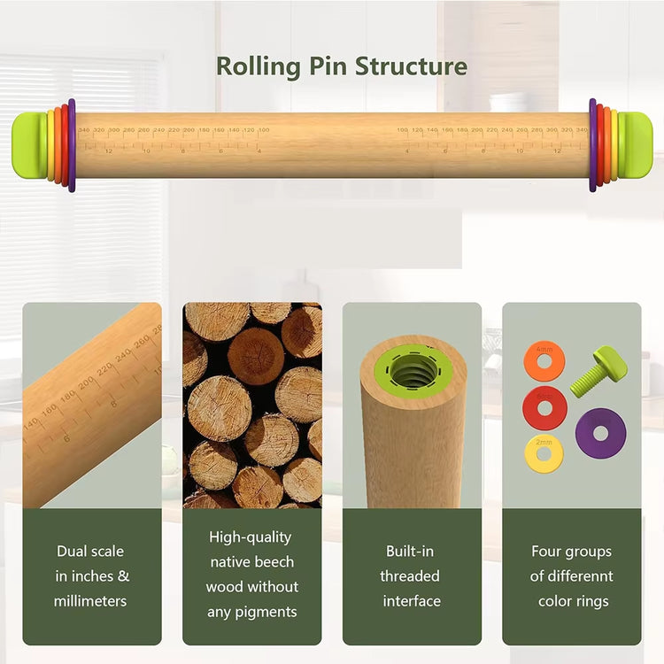 Adjustable Wooden Rolling Pin with Thickness Rings for Baking 16 Inch Beech Wood Rolling Pins Set for Pizza Bread Bakeware Tools