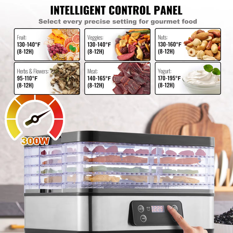 Succebuy 5 Tray Food Dehydrator Machine 300W Stainless Steel Electric Food Dryer W/ Digital Adjustable Timer & Temperature