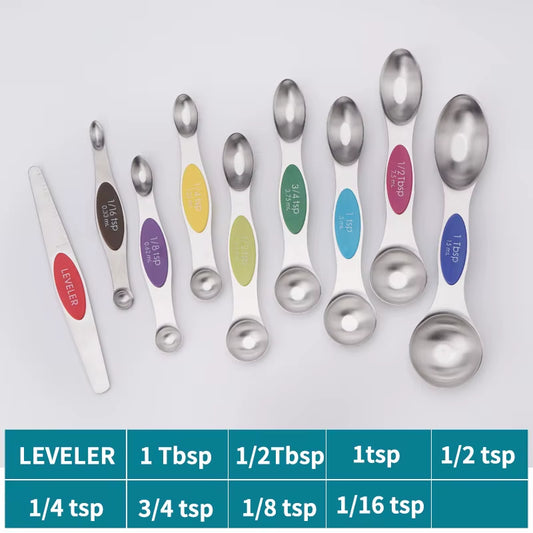 9Pcs Magnetic Measuring Spoons - Dual Sided for Liquid and Dry Ingredients - Fits in Spice Jars - Accurate Measurements Guaranteed