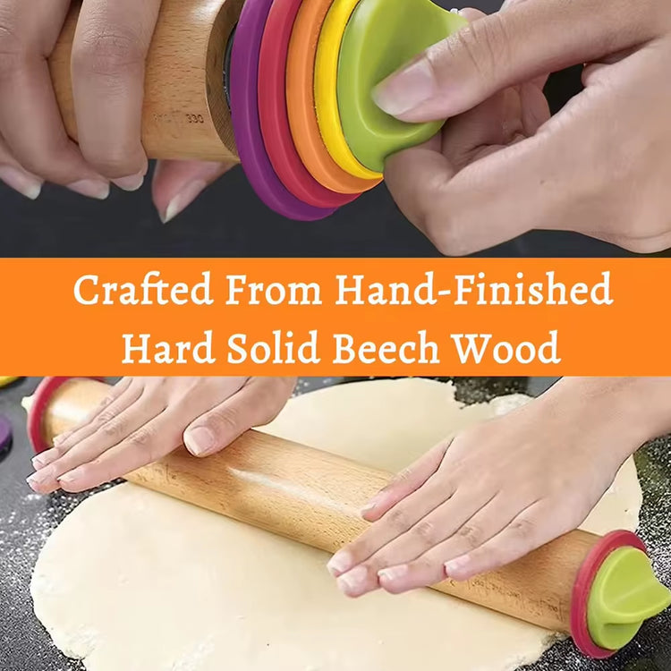 Adjustable Wooden Rolling Pin with Thickness Rings for Baking 16 Inch Beech Wood Rolling Pins Set for Pizza Bread Bakeware Tools