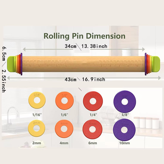 Adjustable Wooden Rolling Pin with Thickness Rings for Baking 16 Inch Beech Wood Rolling Pins Set for Pizza Bread Bakeware Tools