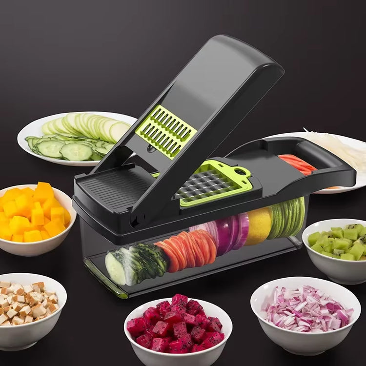 Multi-Functional Vegetable Chopper 12-In-1 Manual Shredder Drain Basket Kitchen Tool Silk Scrubber Kitchen Accessories