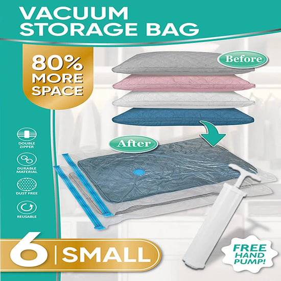 6 Pack Vacuum Storage Bags with Hand Pump Space Saver Vacuum Seal Storage Bags for Clothing Bedding Travel Lugggage Organizer