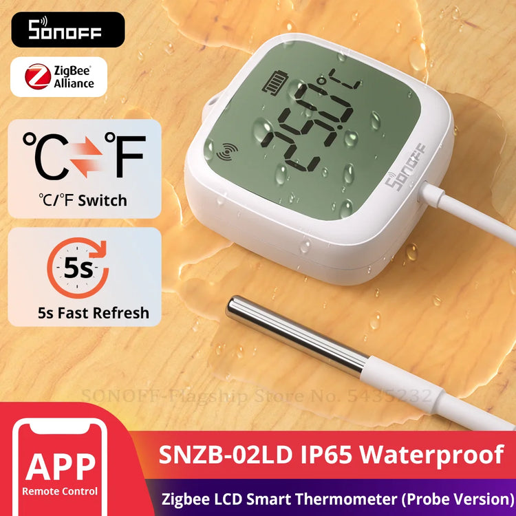 SNZB-02LD IP65 Zigbee LCD Smart Thermometer with Probe Detect Pool Bathtub Fridge Freezer Liquid Temperature Measurement