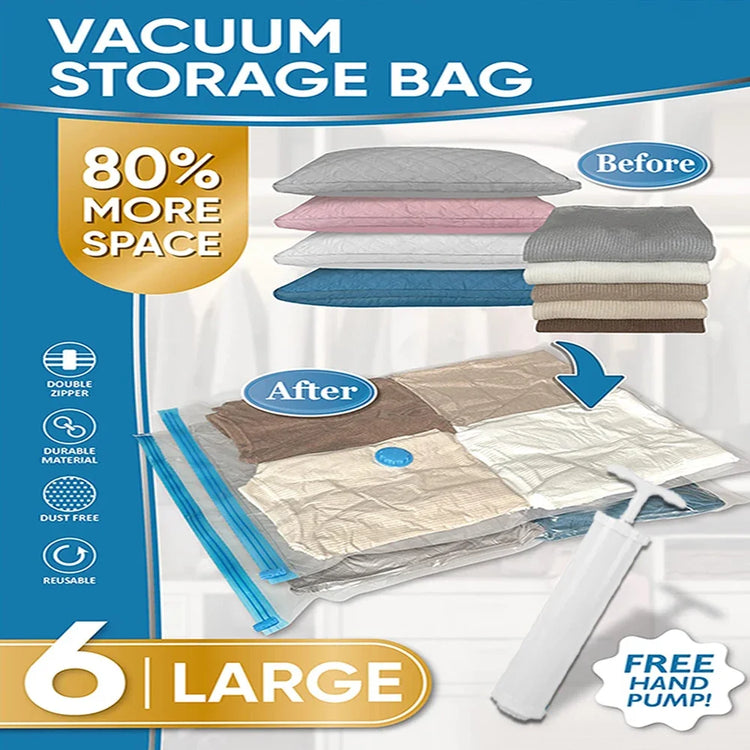 6 Pack Vacuum Storage Bags with Hand Pump Space Saver Vacuum Seal Storage Bags for Clothing Bedding Travel Lugggage Organizer