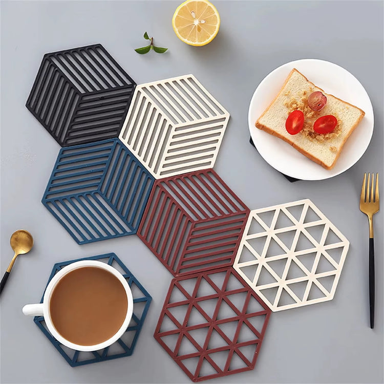 1/3/6PCS Rubber Tableware Insulation Mat Coaster Cup Hexagon Mats Pad Heat-Insulated Bowl Placemat Home Decor Eco-Friendly