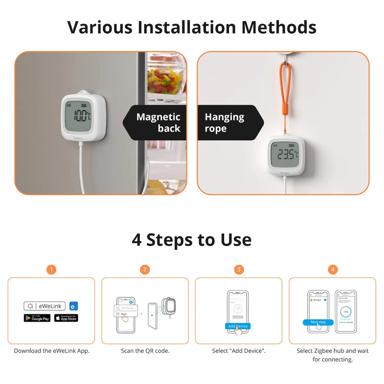 SNZB-02LD IP65 Zigbee LCD Smart Thermometer with Probe Detect Pool Bathtub Fridge Freezer Liquid Temperature Measurement