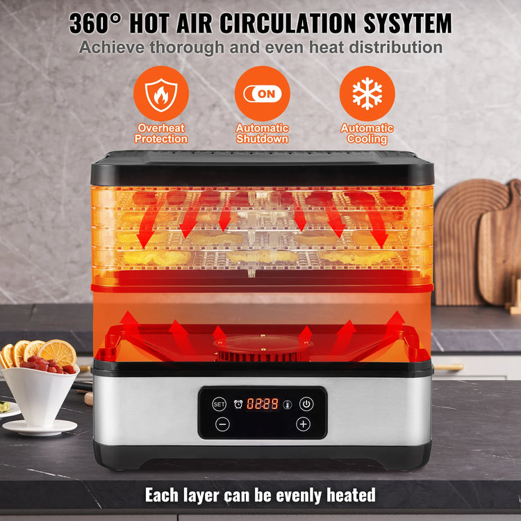 Succebuy 5 Tray Food Dehydrator Machine 300W Stainless Steel Electric Food Dryer W/ Digital Adjustable Timer & Temperature