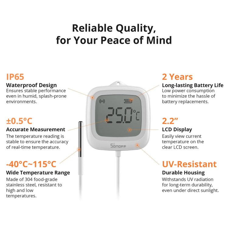 SNZB-02LD IP65 Zigbee LCD Smart Thermometer with Probe Detect Pool Bathtub Fridge Freezer Liquid Temperature Measurement