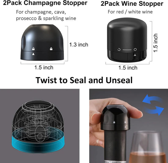 Champagne Wine Bottle Stopper with Silicone Wine Toppers Stopper Reusable Wine Saver Cork Superior Leak-Proof Keeps Wine Fresh