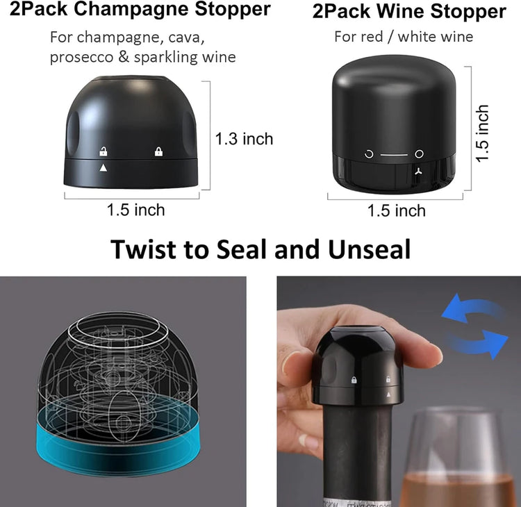 Champagne Wine Bottle Stopper with Silicone Wine Toppers Stopper Reusable Wine Saver Cork Superior Leak-Proof Keeps Wine Fresh