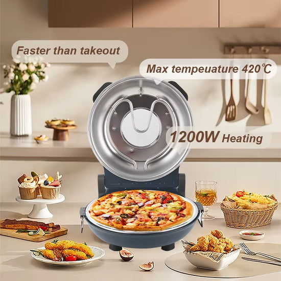 12’’ Electric Pizza Oven Indoor Countertop Oven Pizza Maker 1200W 5-Min Crisp Dual Knob Control Gray