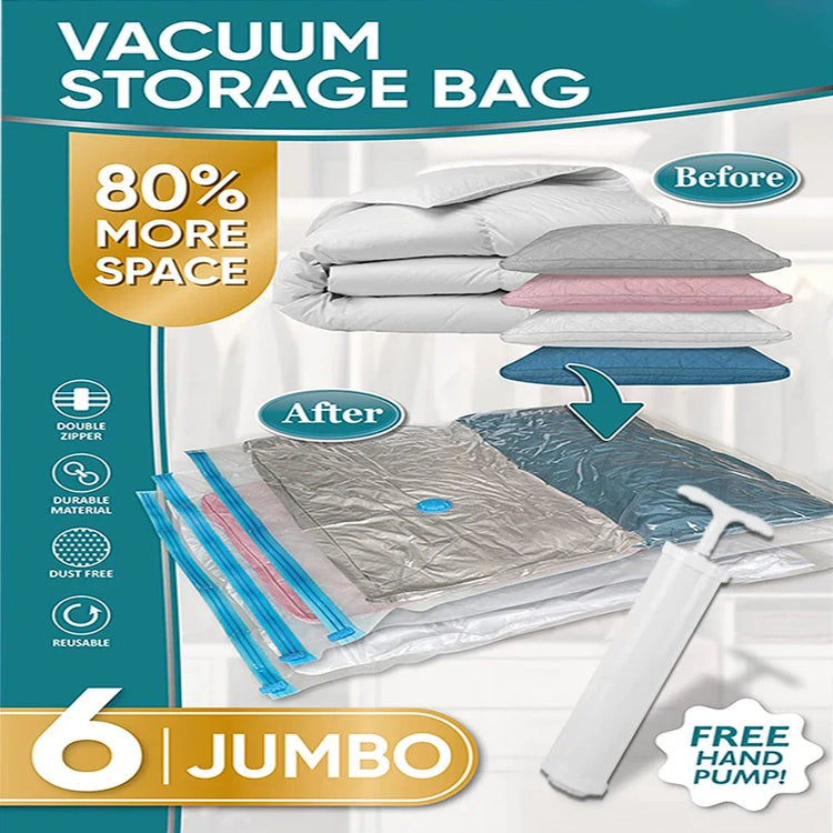 6 Pack Vacuum Storage Bags with Hand Pump Space Saver Vacuum Seal Storage Bags for Clothing Bedding Travel Lugggage Organizer