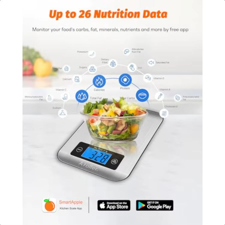 Smart Food Scales with Nutritional Calculator Smartphone App with 26 Nutrients Tracking Calorie Marco Digital Kitchen Weight Gr