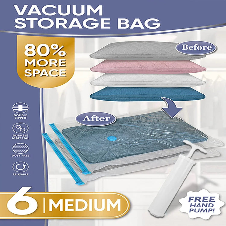 6 Pack Vacuum Storage Bags with Hand Pump Space Saver Vacuum Seal Storage Bags for Clothing Bedding Travel Lugggage Organizer