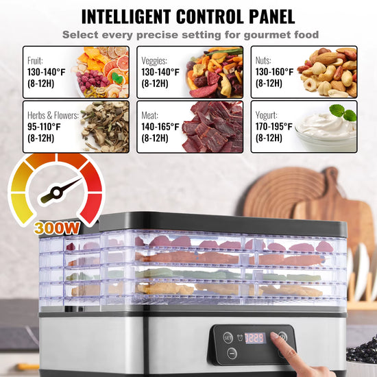Succebuy 5 Tray Food Dehydrator Machine 300W Stainless Steel Electric Food Dryer W/ Digital Adjustable Timer & Temperature